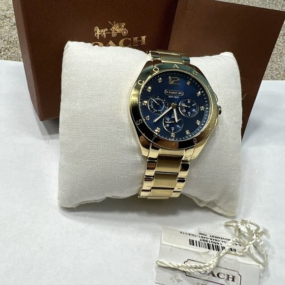 Coach 14501887 Tristen Gold Tone Crystal Glitz Blue Day Date Dial Women's Watch - Picture 1 of 6